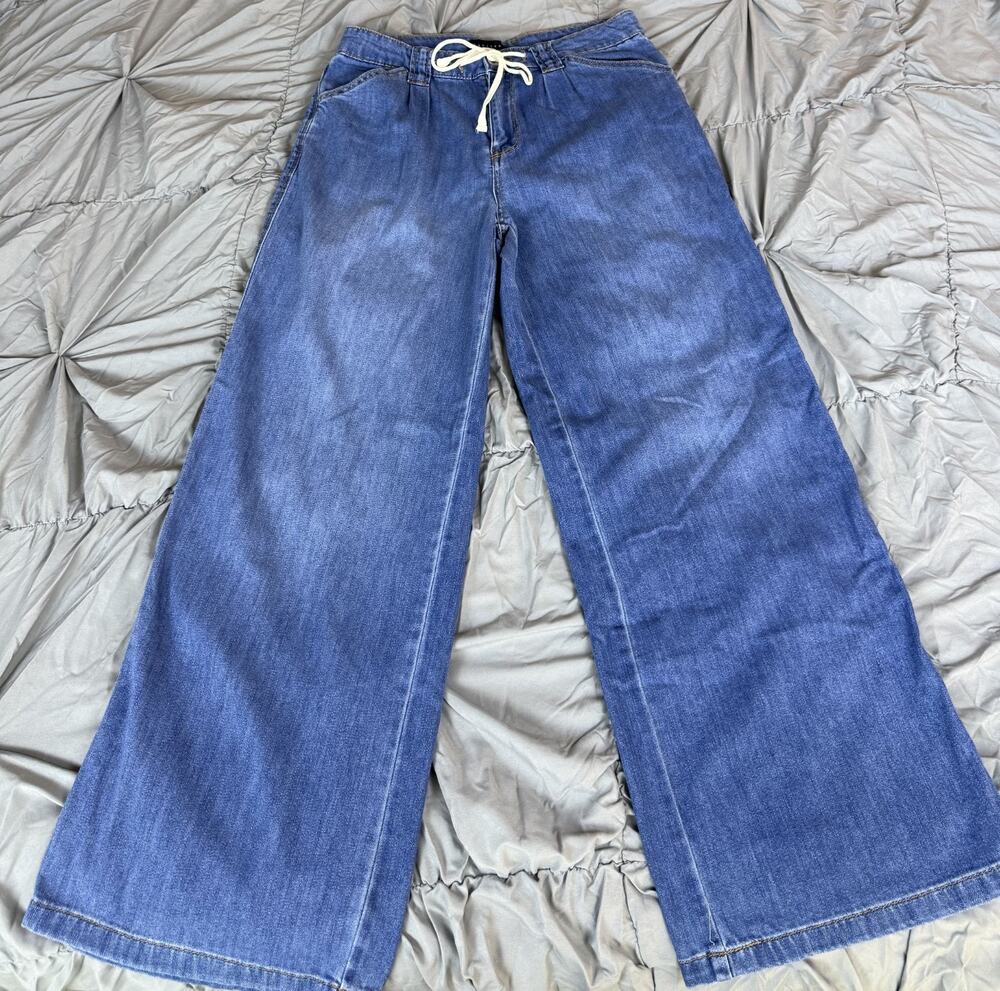 Women's Sanctuary Vacationer Wide Leg Pant Light Blue Denim Drawstring M